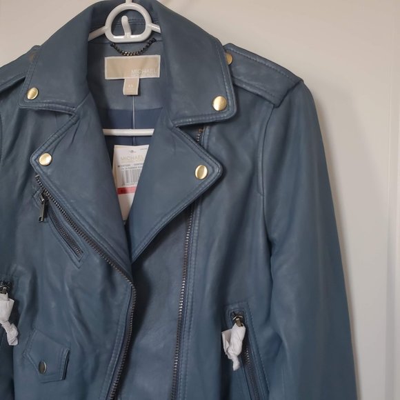 NEW Michael Kors Blue Lamb Motorcycle Jacket XS - Picture 9 of 11